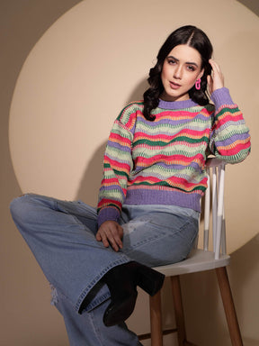 Multicolor Striped Full Sleeve Knitted Regular Fit Pullover