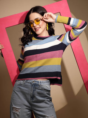 Multicolor Striped Full Sleeve Knitted Casual Pullover