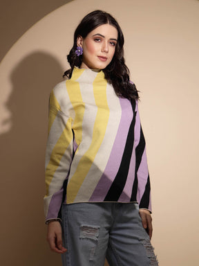 Multicolor Striped Full Sleeve Turtle Neck Knitted Pullover