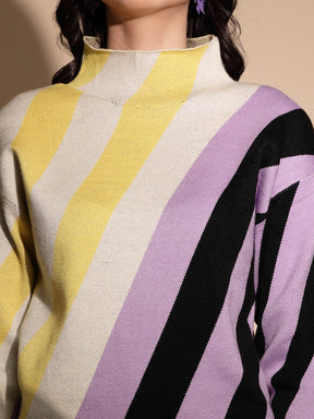 Multicolor Striped Full Sleeve Turtle Neck Knitted Pullover