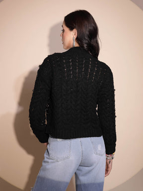 Black Embellished Full Sleeve Front Open Knitted Shrug