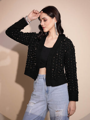 Black Embellished Full Sleeve Front Open Knitted Shrug