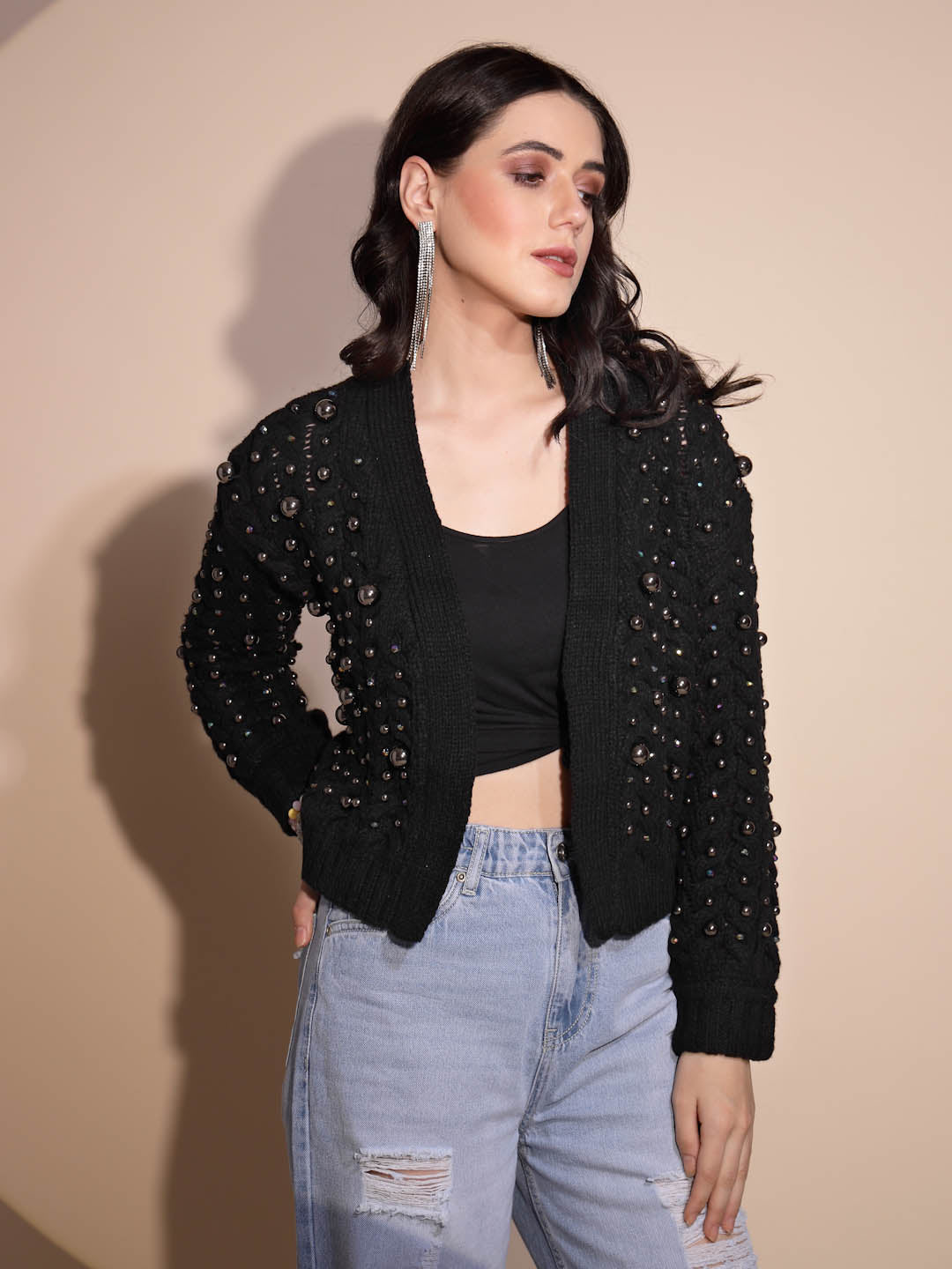 Black Embellished Full Sleeve Front Open Knitted Shrug