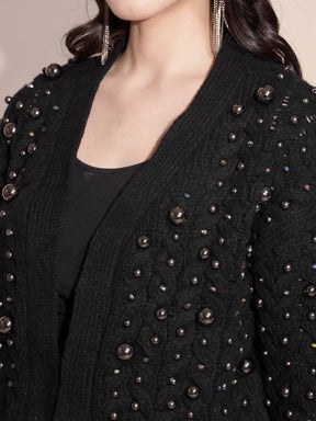 Black Embellished Full Sleeve Front Open Knitted Shrug