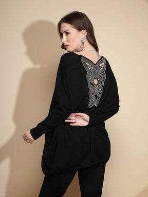 Black Embroidered Full Sleeve Round Neck Nylon Pullover Sweater