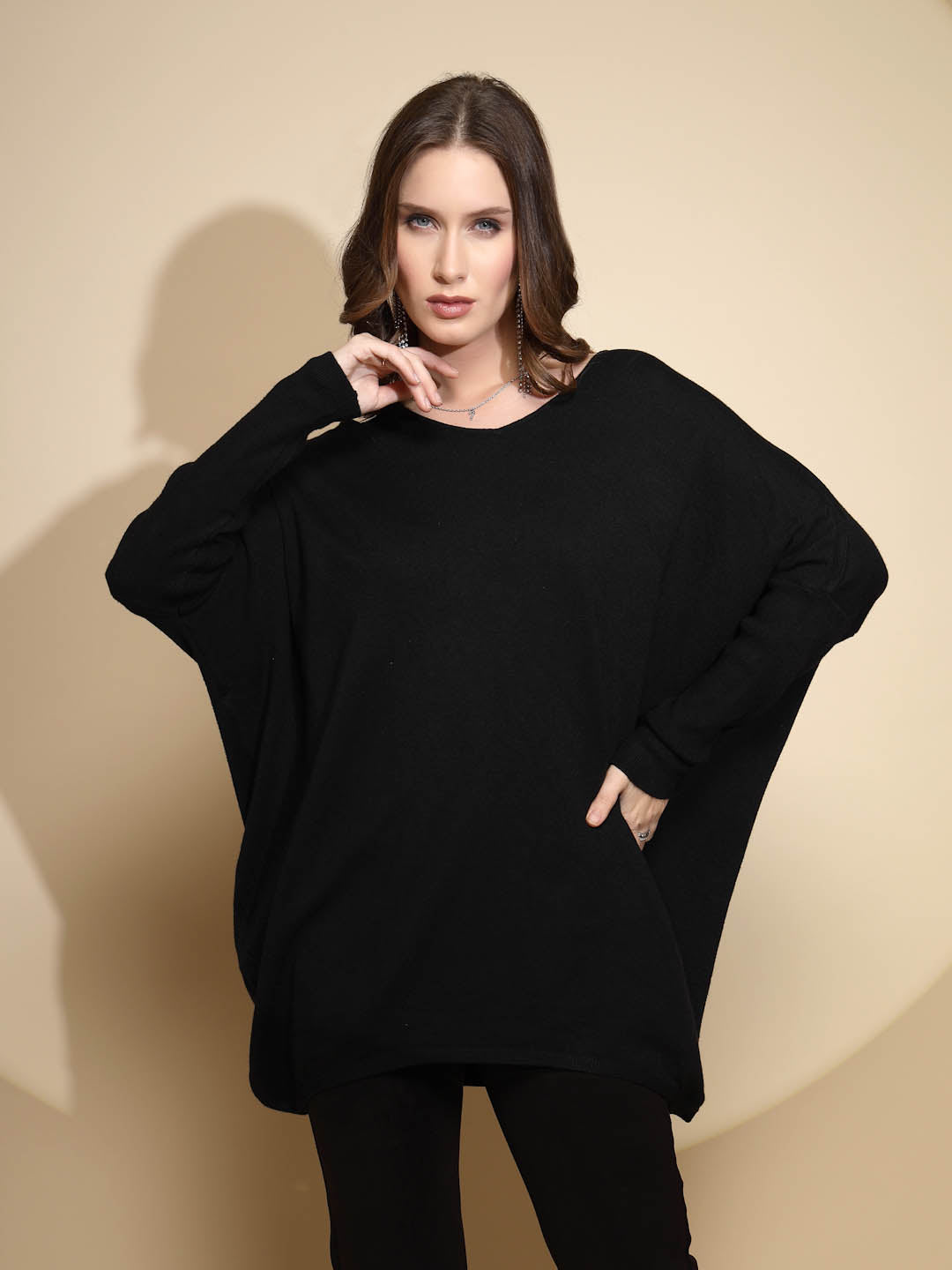 Black Embroidered Full Sleeve Round Neck Nylon Pullover Sweater