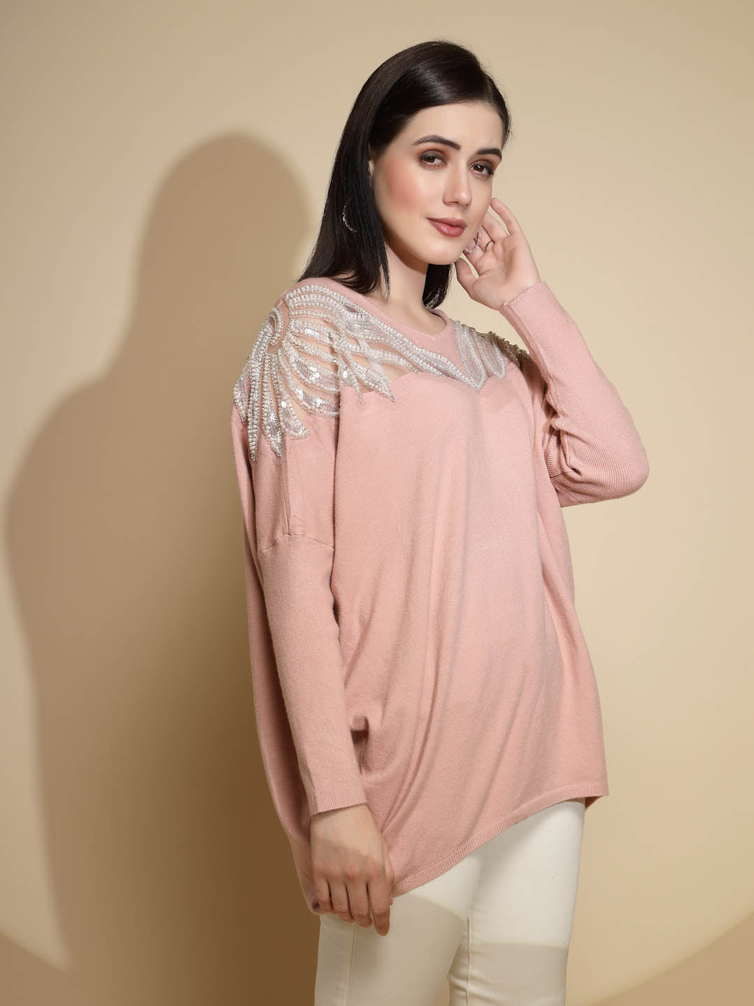 Pink Embellished Full Sleeve Round Neck Nylon Pullover Sweater