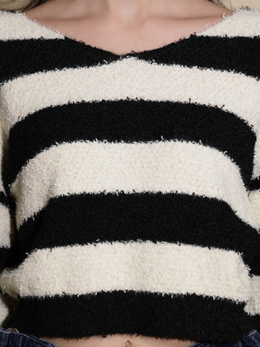 Black & Cream Striped Full Sleeve Round Neck Acrylic Pullover