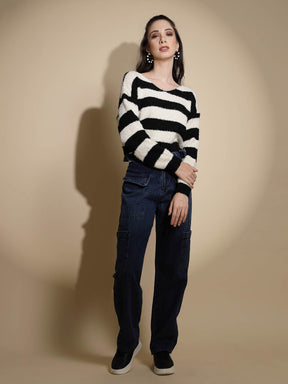 Black & Cream Striped Full Sleeve Round Neck Acrylic Pullover