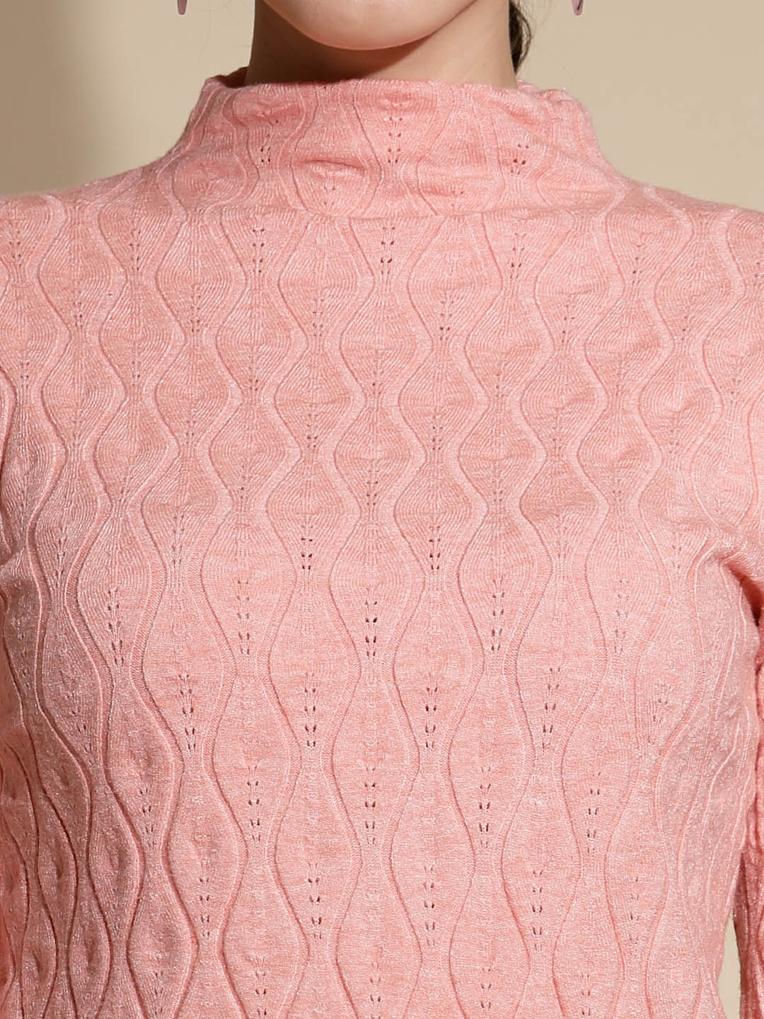 Peach Solid Full Sleeve Turtle Neck Knitted Skivvy