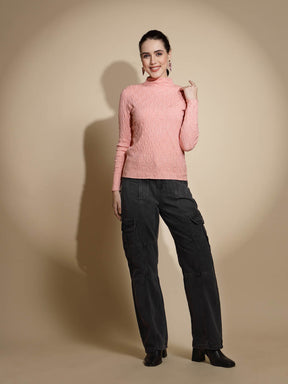 Peach Solid Full Sleeve Turtle Neck Knitted Skivvy