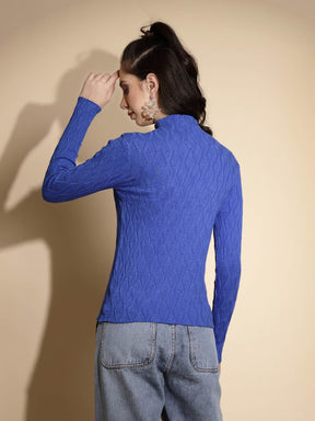 Blue Solid Full Sleeve Turtle Neck Knitted Skivvy