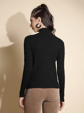 Black Solid Full Sleeve Turtle Neck Knitted Skivvy