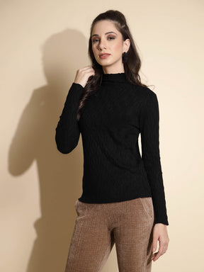 Black Solid Full Sleeve Turtle Neck Knitted Skivvy