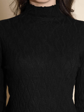 Black Solid Full Sleeve Turtle Neck Knitted Skivvy