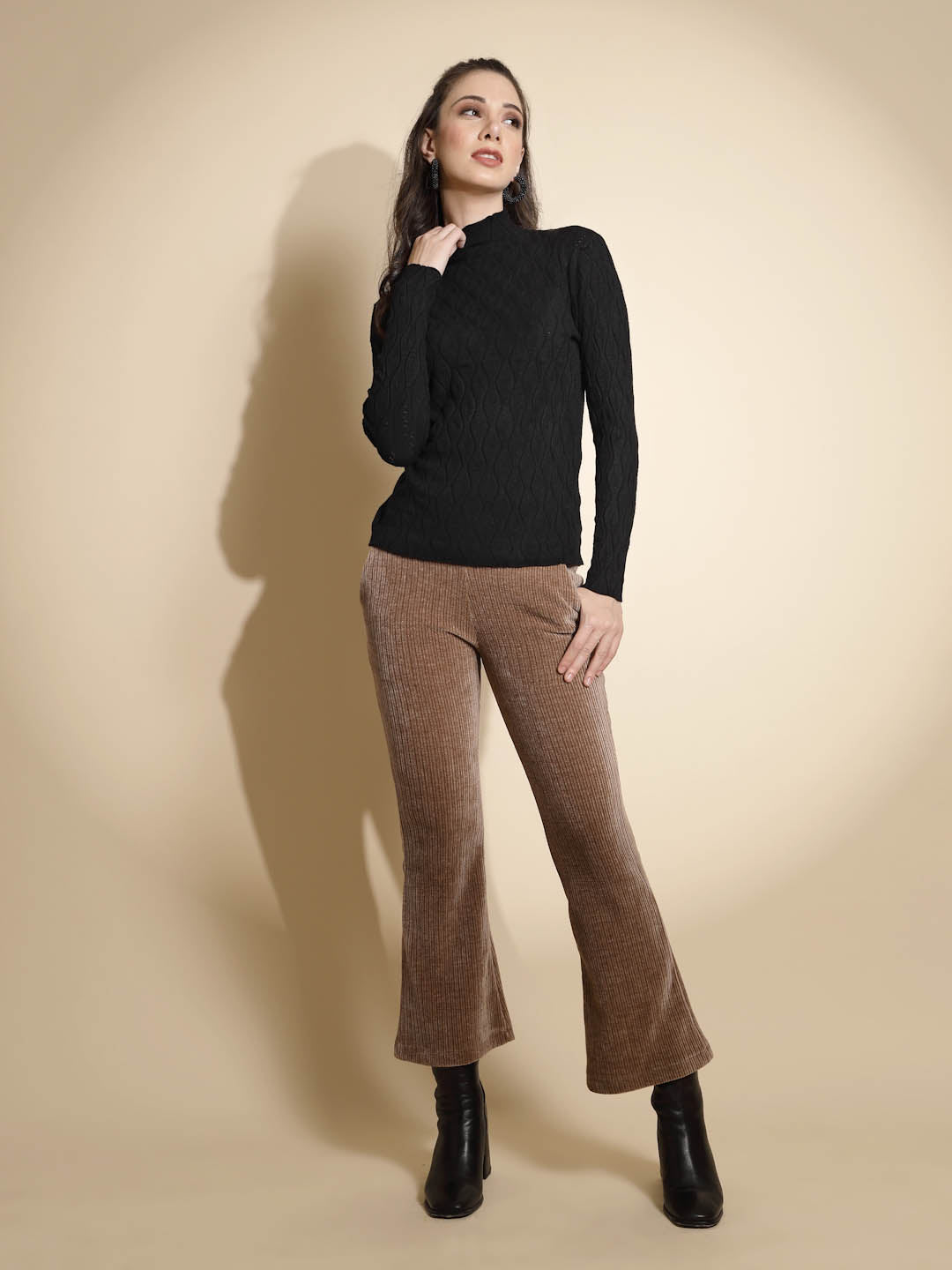 Women Solid Full Sleeve Turtle Neck Knitted Skivvy