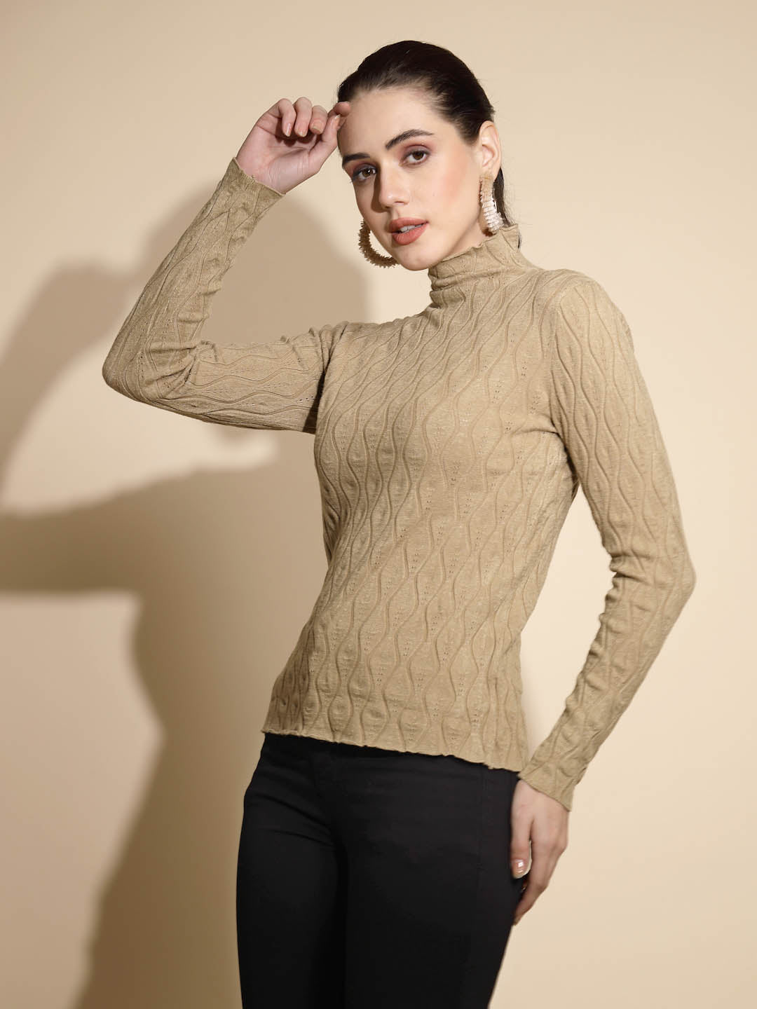 Women Solid Full Sleeve Turtle Neck Knitted Skivvy