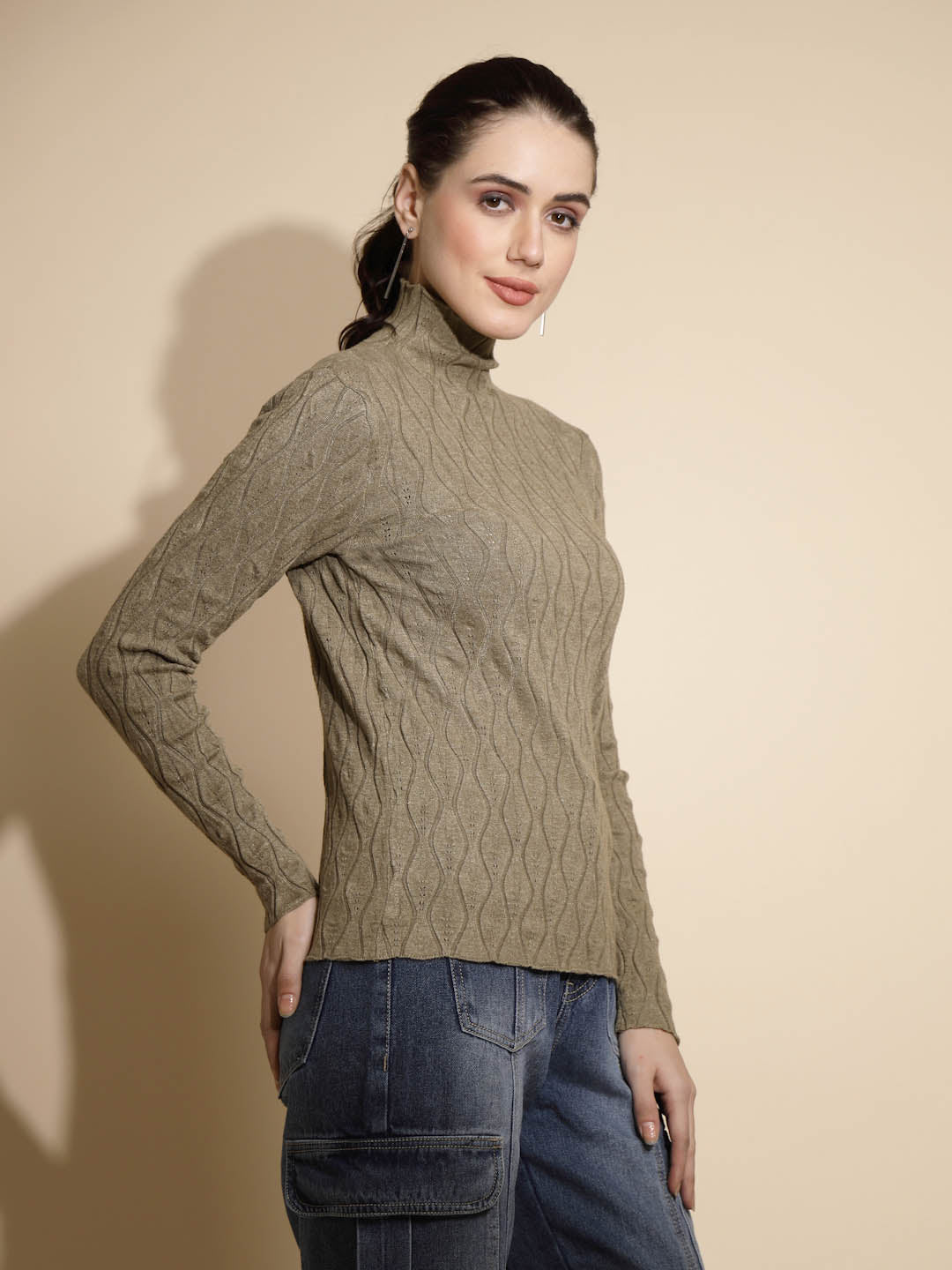 Women Solid Full Sleeve Turtle Neck Knitted Skivvy