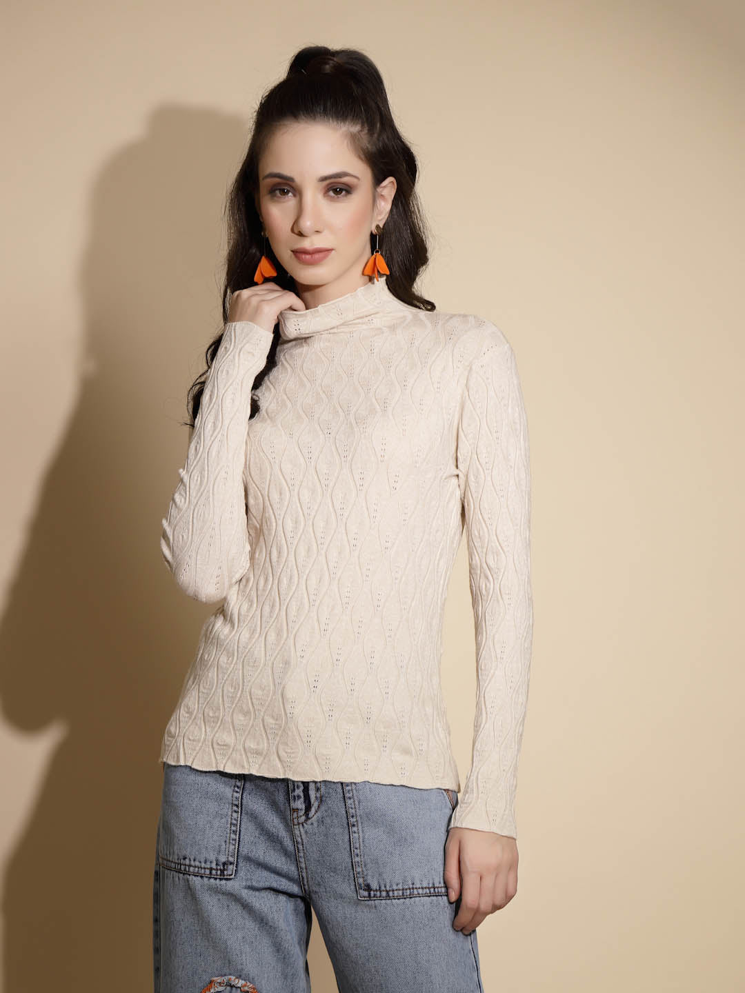 Women Solid Full Sleeve Turtle Neck Knitted Skivvy