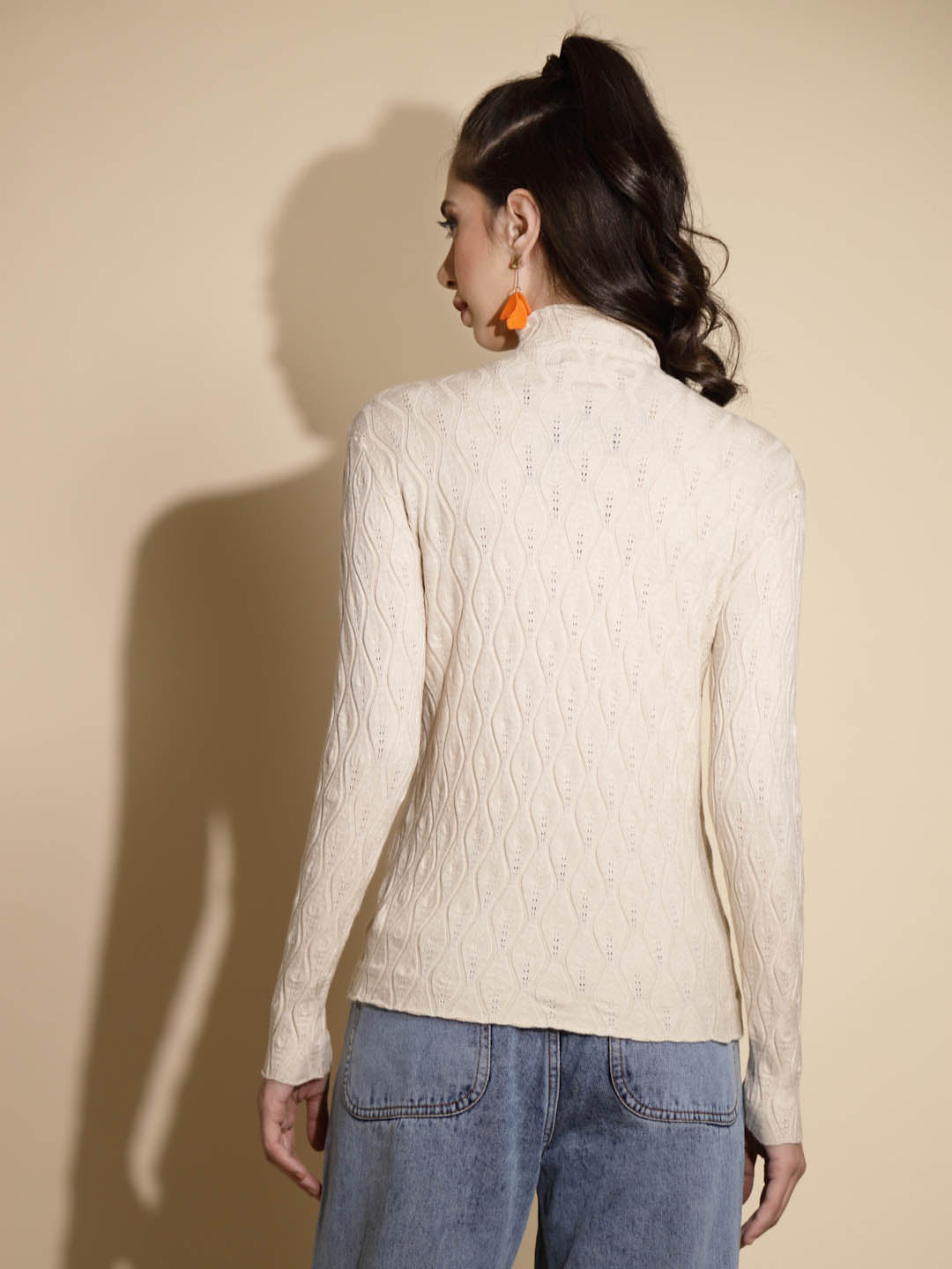 Beige Solid Full Sleeve Turtle Neck Knitted Skivvy