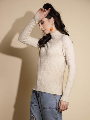 Beige Solid Full Sleeve Turtle Neck Knitted Skivvy