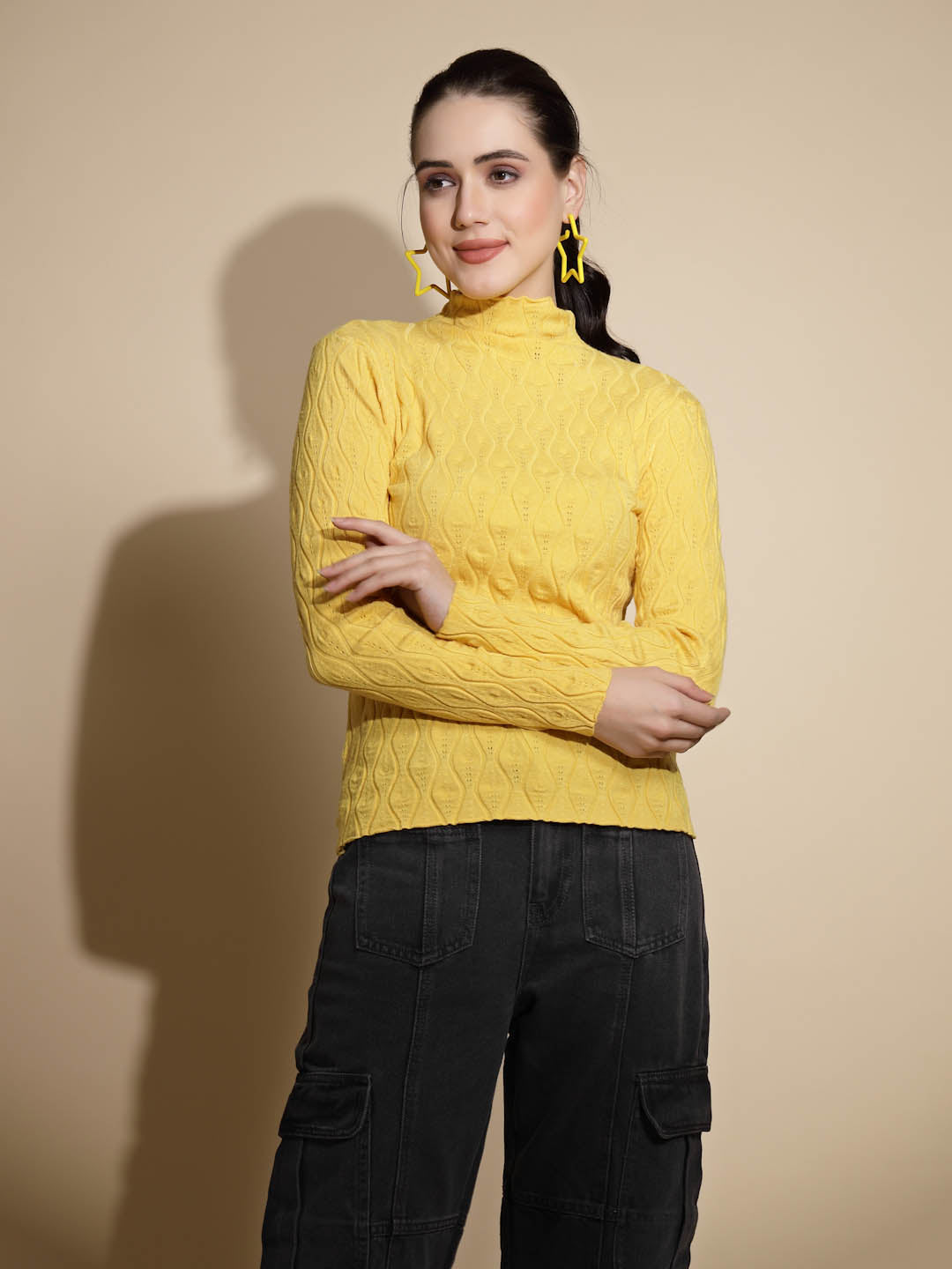 Women Solid Full Sleeve Turtle Neck Knitted Skivvy