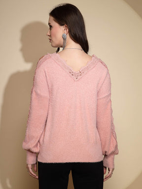 Pink Solid Full Sleeve V-Neck Acrylic Pullover