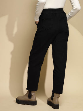 Black Solid Cotton High Rise Ankle Length Trouser