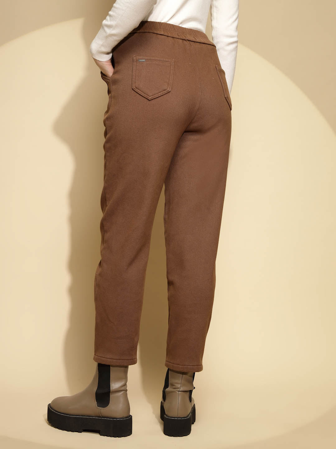 Brown Solid Cotton High Rise Ankle Length Trouser