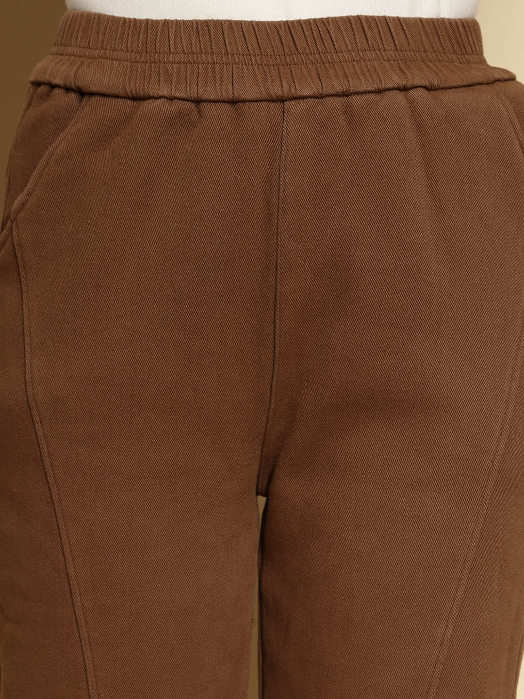 Brown Solid Cotton High Rise Ankle Length Trouser