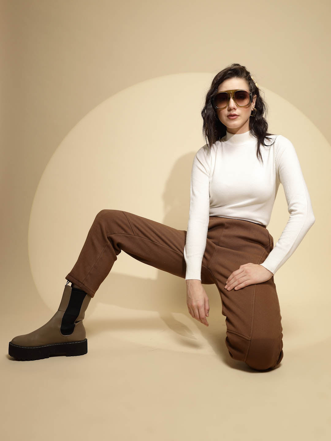 Brown Solid Cotton High Rise Ankle Length Trouser