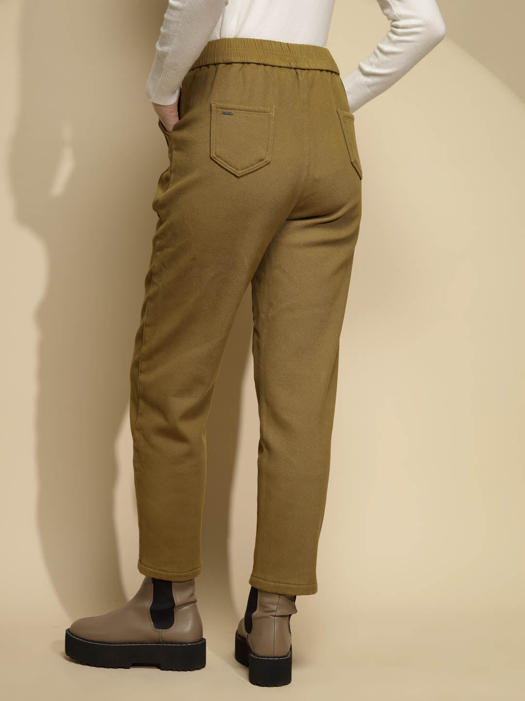 Solid Brown Solid Cotton High Rise Ankle Length Trouser