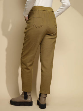 Solid Brown Solid Cotton High Rise Ankle Length Trouser