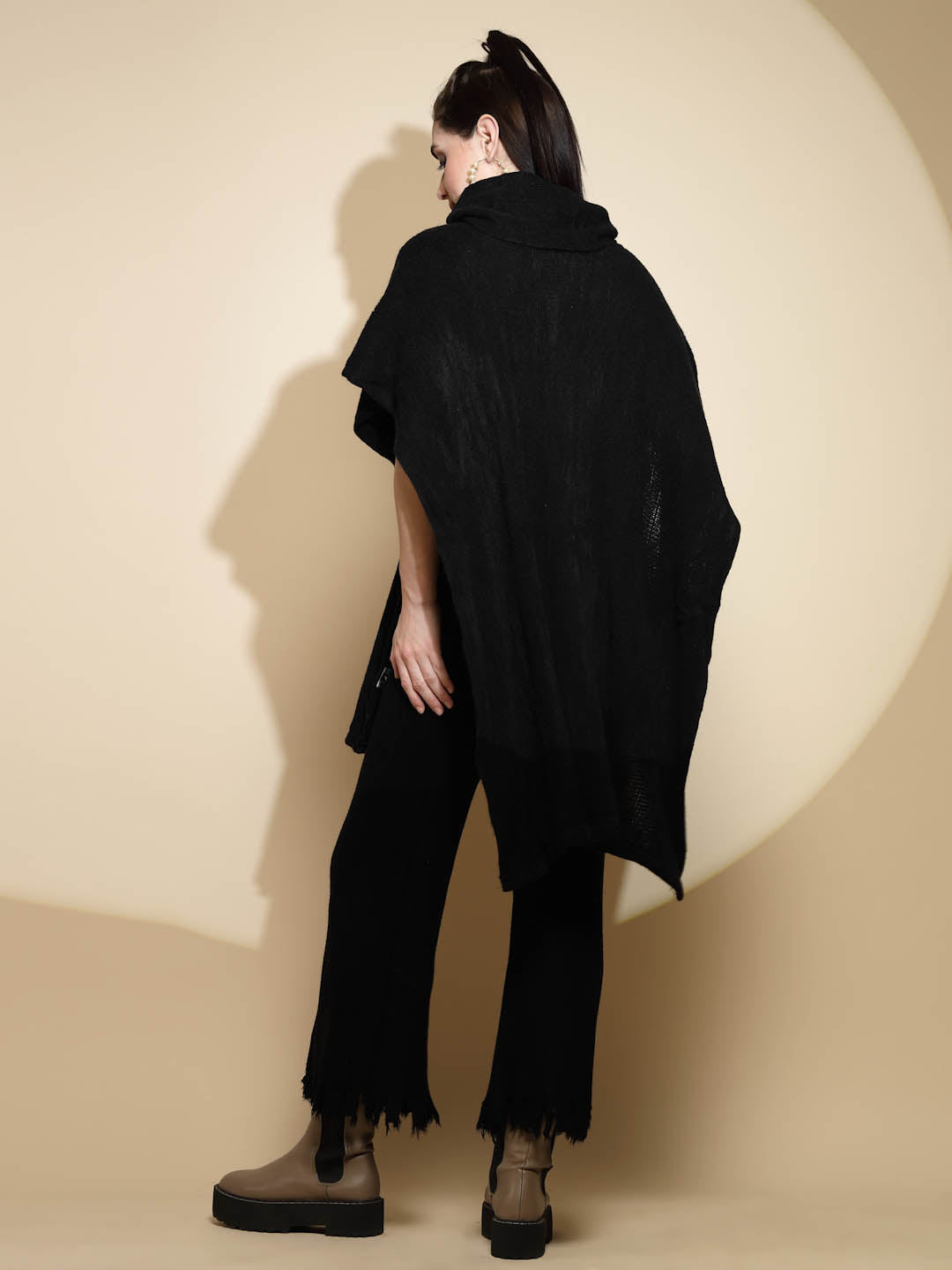 Black Solid Half Sleeve Cowl Neck Acrylic Poncho