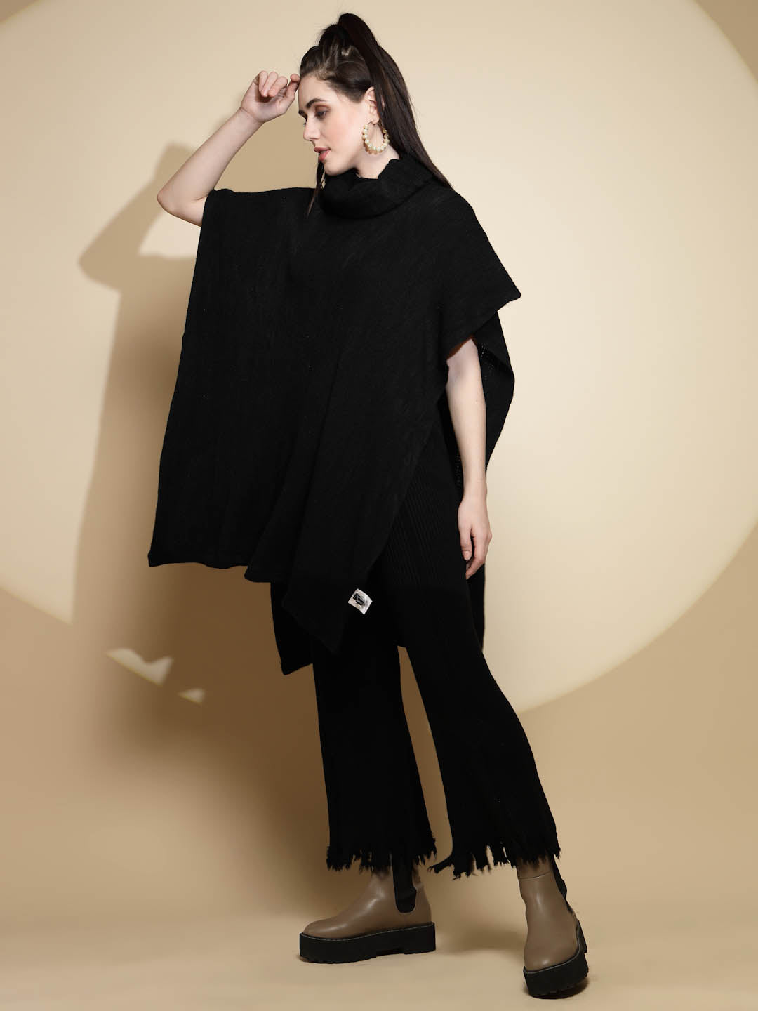 Black Solid Half Sleeve Cowl Neck Acrylic Poncho