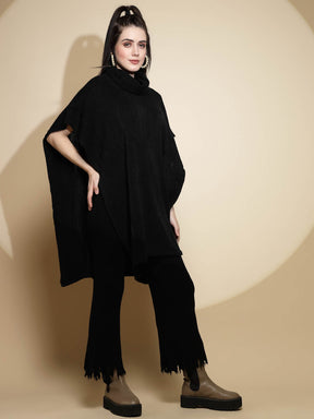 Black Solid Half Sleeve Cowl Neck Acrylic Poncho