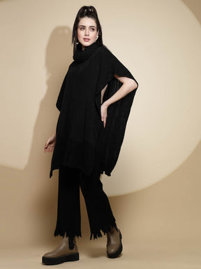 Black Solid Half Sleeve Cowl Neck Acrylic Poncho