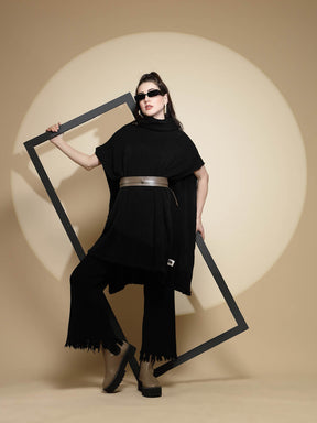 Black Solid Half Sleeve Cowl Neck Acrylic Poncho