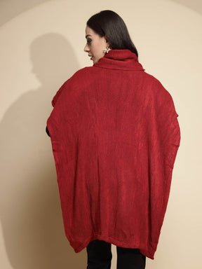 Wine Solid Half Sleeve Turtle Neck Acrylic Poncho