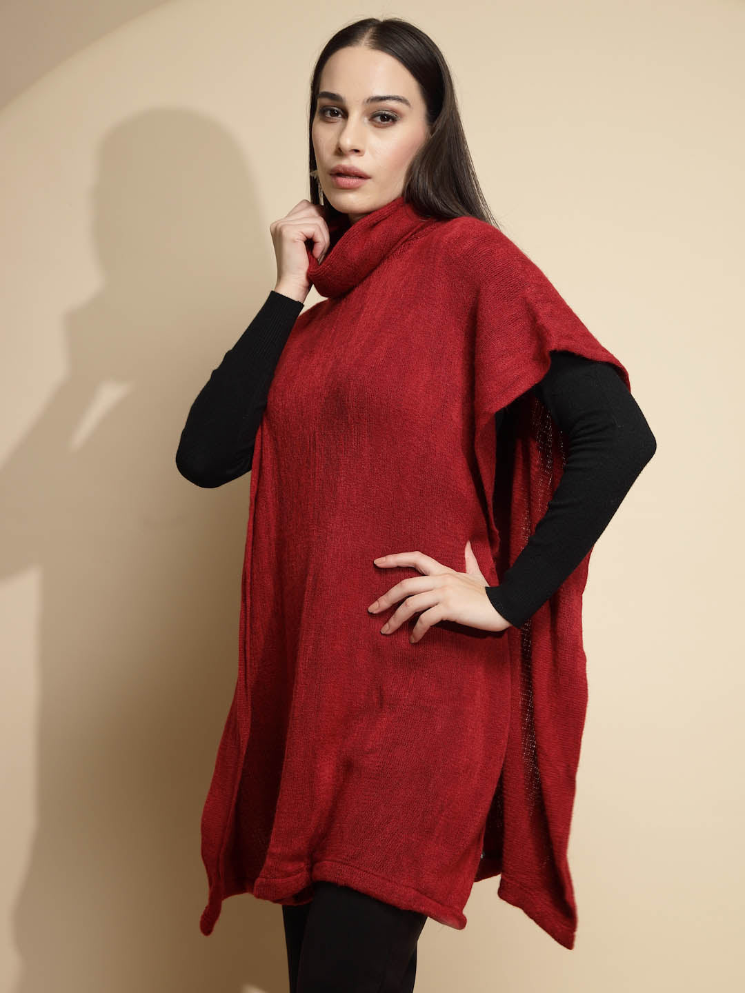 Wine Solid Half Sleeve Turtle Neck Acrylic Poncho