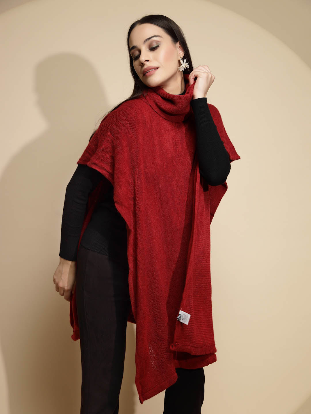 Wine Solid Half Sleeve Turtle Neck Acrylic Poncho