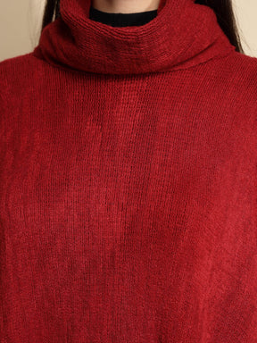 Wine Solid Half Sleeve Turtle Neck Acrylic Poncho