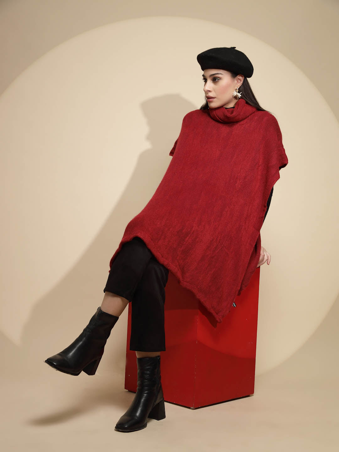 Wine Solid Half Sleeve Turtle Neck Acrylic Poncho