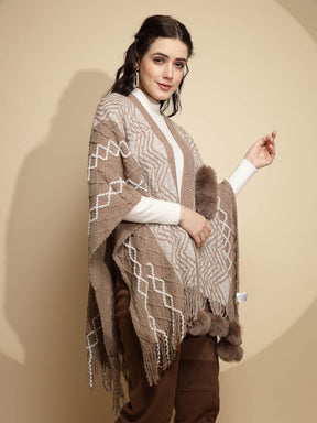 Checkered Three Quarter Sleeve Open Neck Acrylic Fur Balls Cape