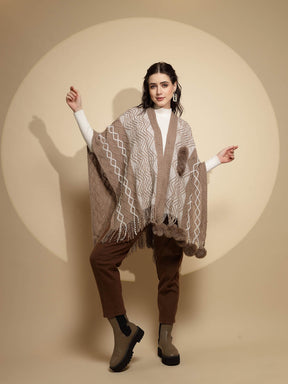 Checkered Three Quarter Sleeve Open Neck Acrylic Fur Balls Cape