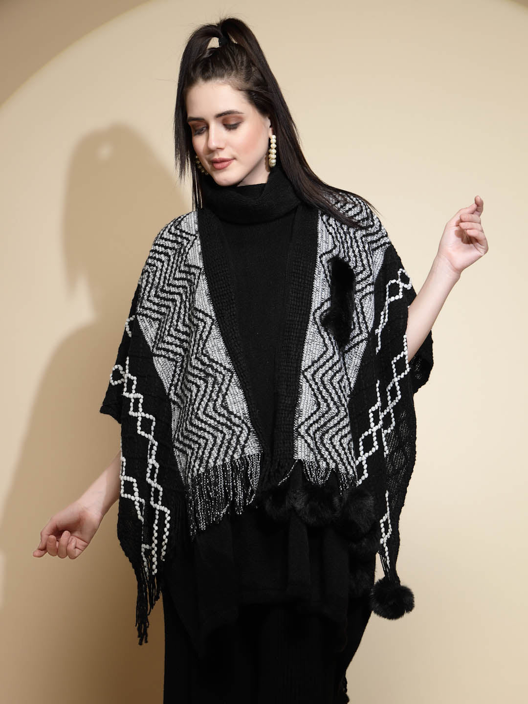 Checkered Three Quarter Sleeve Open Neck Acrylic Fur Balls Cape