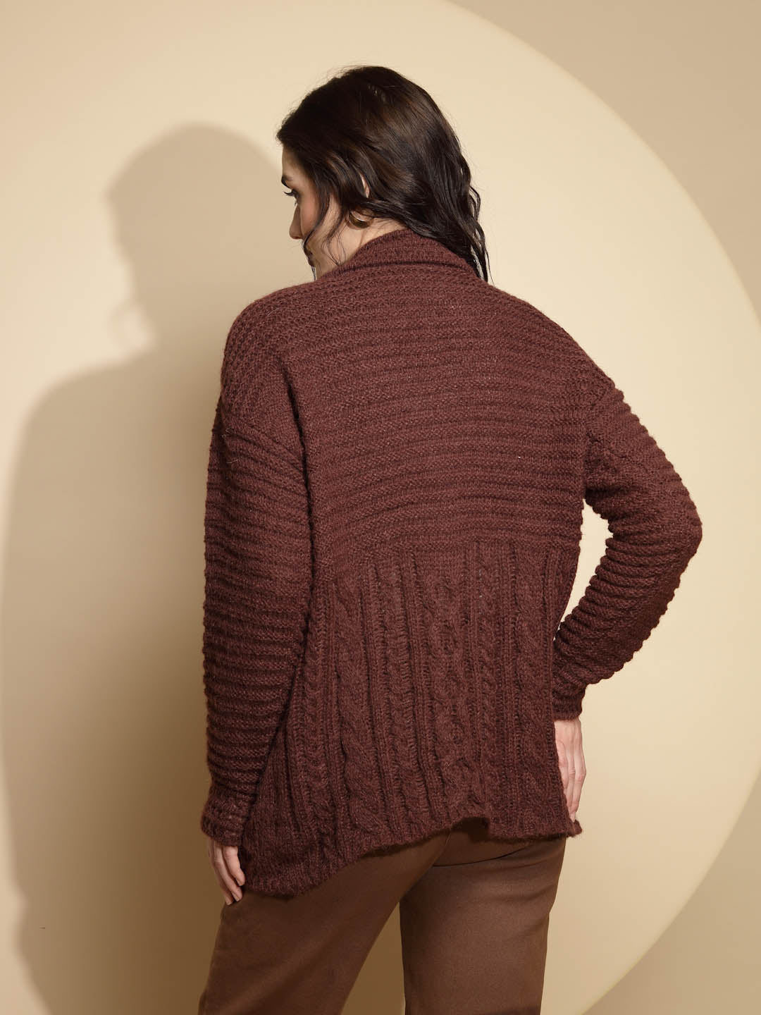 Solid Dark Brown Full Sleeve Open Neck Knitted Cardigan