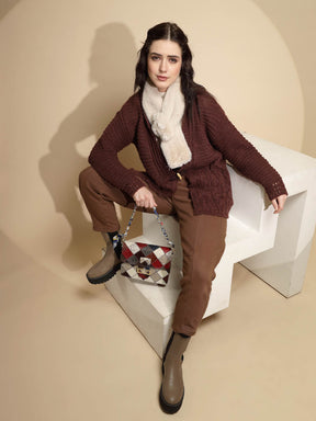 Solid Dark Brown Full Sleeve Open Neck Knitted Cardigan