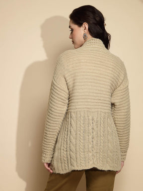 Light Olive Solid Full Sleeve Open Neck Cardigan