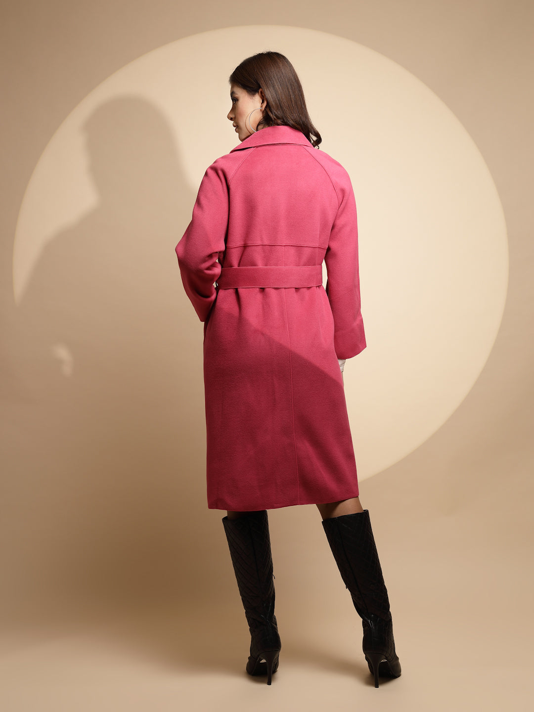 Women Pink Solid Collared Neck Full Sleeve Suede Long Wrap Coat